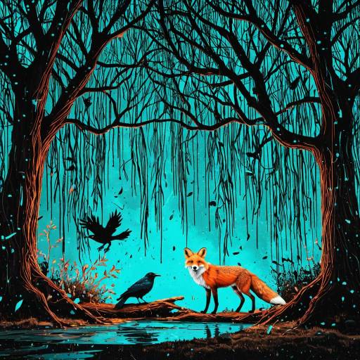 Fox and Raven Under Glowing Willow Tree