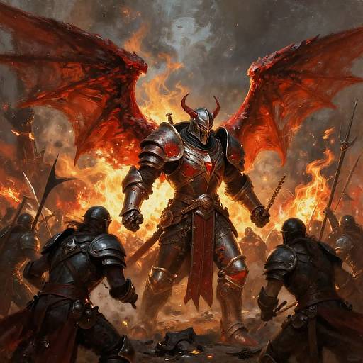 Digital artwork of a towering, demonic armored warrior with fiery red wings, surrounded by kneeling, black-armored soldiers in a blazing inferno.