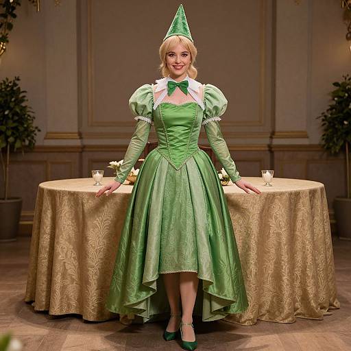 Photograph of a blonde woman in a green, puffed-sleeve, Victorian-style dress with a white collar, green hat, and green shoes