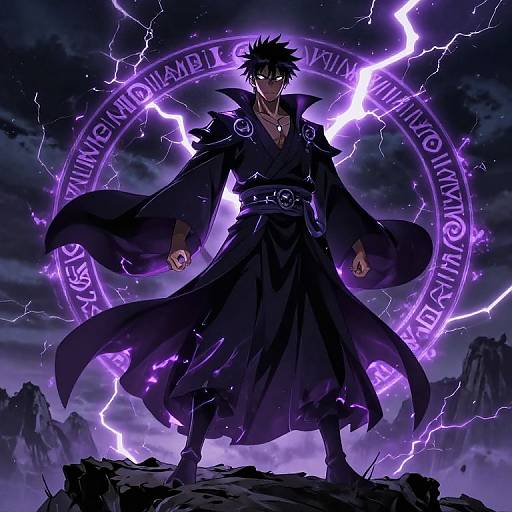 Anime-style digital artwork of a dark-haired, purple-eyed male wizard with black cloak, standing on rocky terrain, surrounded by glowing purple magic circle and lightning