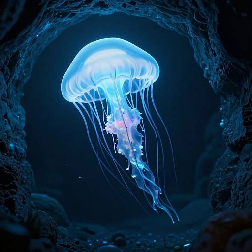 Photograph of a glowing blue jellyfish with translucent, flowing tentacles, illuminated in a dark, rocky underwater cave.