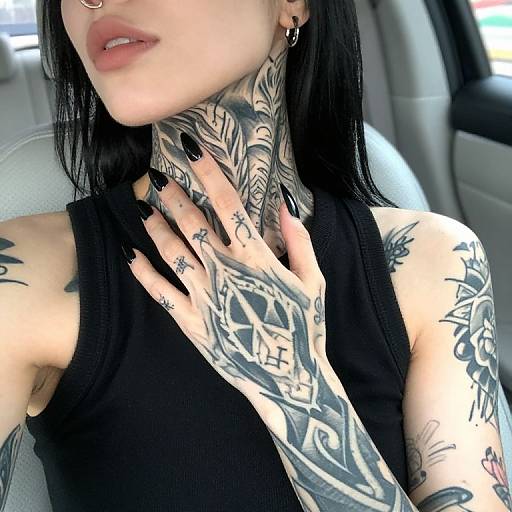 Tattooed woman with black hair, nose ring, and black nail polish, wearing a black tank top, sits in a car. Visible neck