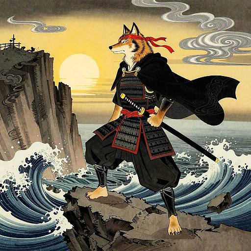 Heroic Samurai Wolf on Rocky Cliff