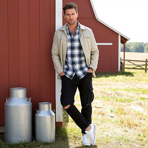 Photograph of a casually dressed, handsome man with short brown hair, standing against a red barn, wearing a plaid shirt, beige jacket, ripped