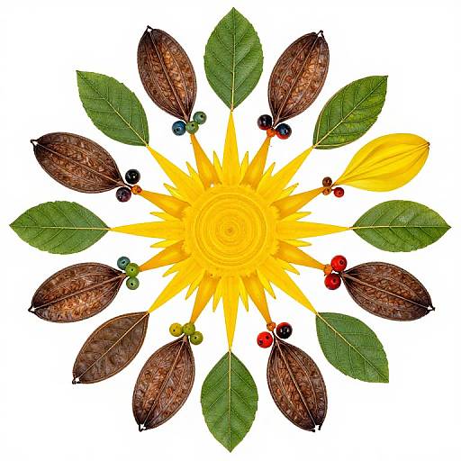 Top-down view of a vibrant sunflower at the center, surrounded by alternating green leaves and dried brown pods with red and black berries. White background.