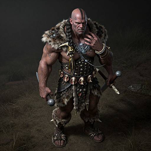 Photorealistic CGI of a muscular, bald, bald-headed warrior with fur and leather armor, holding two axes, in a dark, grassy background