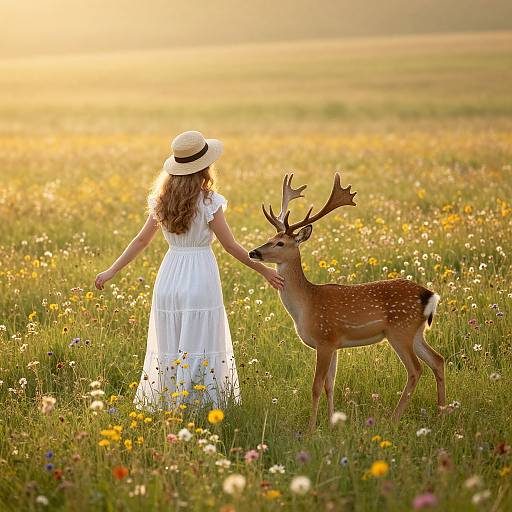 Photograph of a woman in a white dress and sunhat gently touching a deer's antlers in a sunlit, colorful meadow.