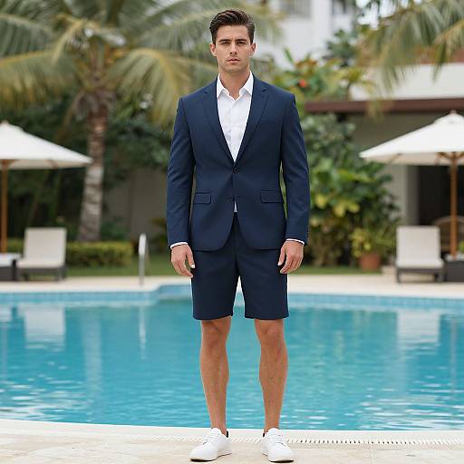Photograph of a tall, handsome man in a navy blue suit with white shirt, standing in white shoes by a clear blue pool, tropical background with