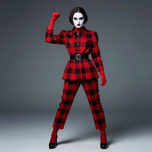 Photorealistic digital artwork of a white-masked woman in a red-black plaid suit, red gloves, black belt, and black heels, striking