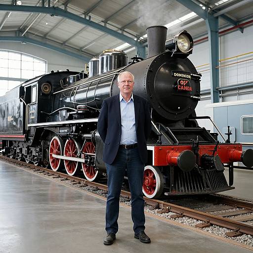 Photograph of an elderly man in a black blazer, blue shirt, and jeans standing beside a black steam locomotive with red wheels in a well