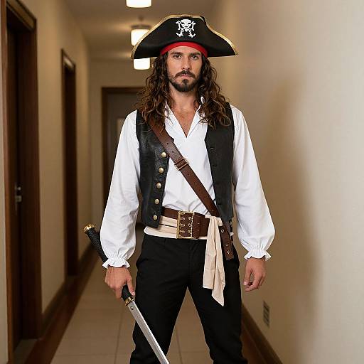 Photograph of a bearded man with long hair, wearing a pirate hat, white shirt, black vest, and pants, holding a sword, standing