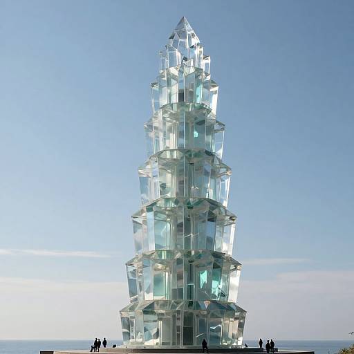 Photograph of a towering, transparent, crystalline glass sculpture with geometric facets, set against a clear blue sky, with silhouetted figures at