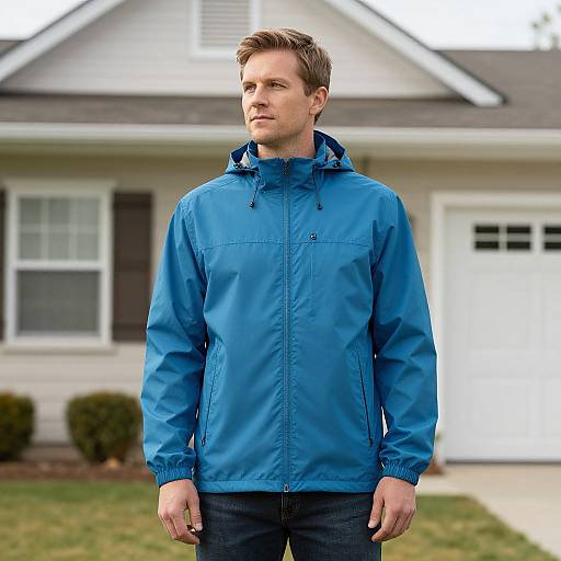Photograph of a Caucasian man with short brown hair, wearing a blue windbreaker and dark jeans, standing in front of a suburban house with white siding