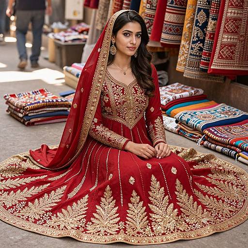 Photograph of an Indian woman with dark hair in a red and gold embroidered lehenga, seated on a market floor, surrounded by colorful, patterned