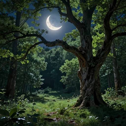 Digital artwork of a lush, moonlit forest with a large, gnarled tree in the foreground, a bright crescent moon shining through dense green