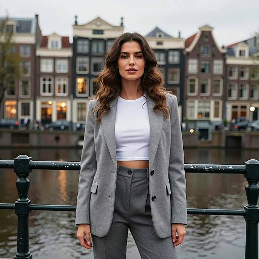 Photograph of a confident woman with wavy brown hair, wearing a gray blazer and high-waisted pants, standing by a canal with historic