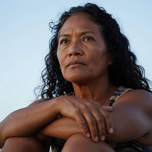 Photograph of a serious, middle-aged Black woman with curly hair, dark brown skin, and wrinkled face, sitting with arms crossed, wearing a