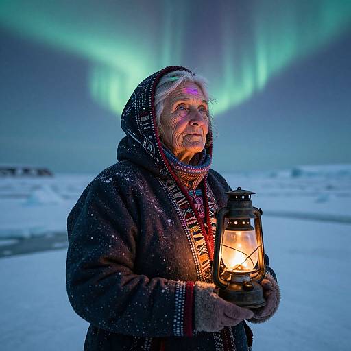 Photograph of an elderly woman in a dark parka, holding a lit lantern, standing in a snowy landscape under vibrant green aurora.