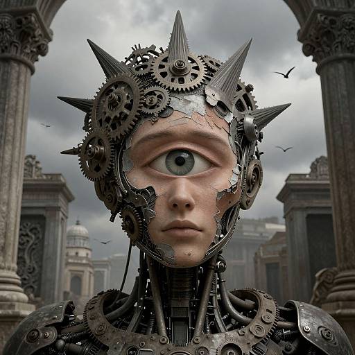 Digital art of a cybernetic human with a single, large eye, wearing a spiked, gear-filled headpiece, set against a cloudy, ancient