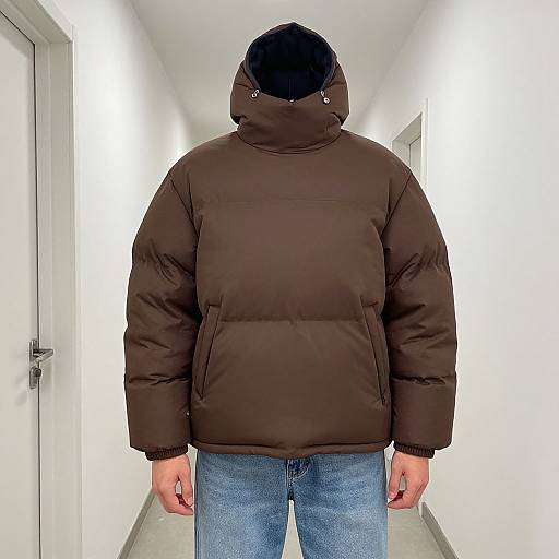 Man in Brown Puffy Jacket in Hallway