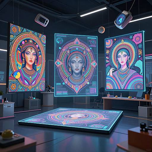 Digital art gallery with three neon-lit, colorful, Hindu-inspired digital portraits on screens, central floor display, modern industrial lighting.