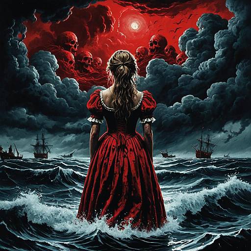Woman in Red Dress in Stormy Sea with Skull Clouds
