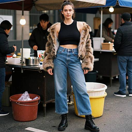 Photograph of a young woman with dark hair in a ponytail, wearing a fur jacket, black crop top, high-waisted blue jeans,