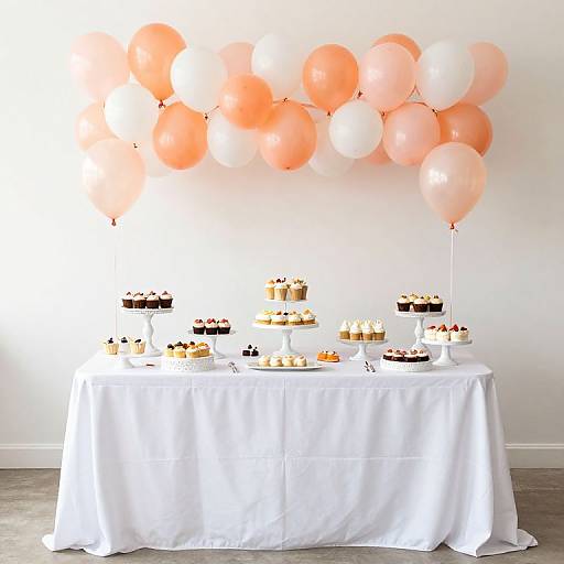 Photograph of a white-draped table with cupcakes and cake, adorned with peach and white balloons on a white wall.