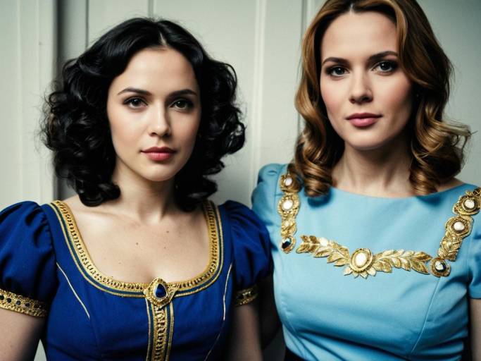 Two Women in Ornate Blue Dresses