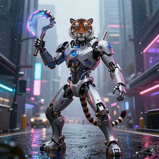 Digital art of a robotic tiger standing in a neon-lit, rainy city street, holding a glowing blue orb in its right hand. Cyberpunk style