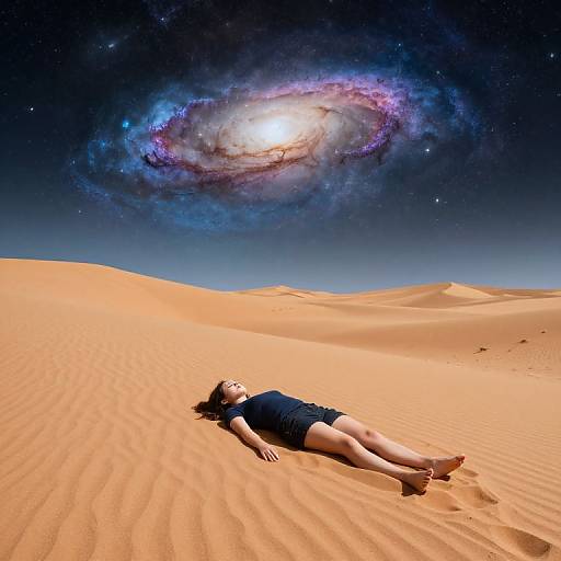 Photograph of a woman in a black dress lying on orange sand dunes, with a colorful, glowing galaxy in a starry night sky above her
