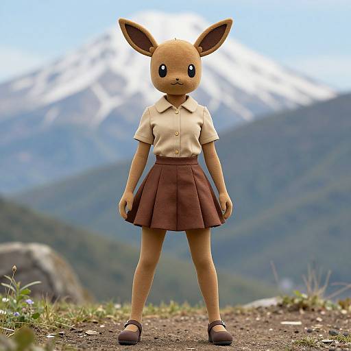 CGI image of an anthropomorphic Eevee with large ears, wearing a cream shirt and brown skirt, standing on a mountain path with snow-c