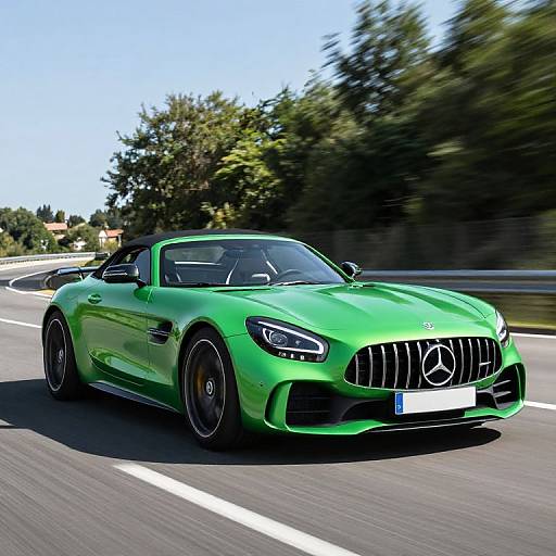 Photograph of a sleek, bright green Mercedes-AMG GT coupe speeding down a curving highway with trees and blue sky in the background. Bl