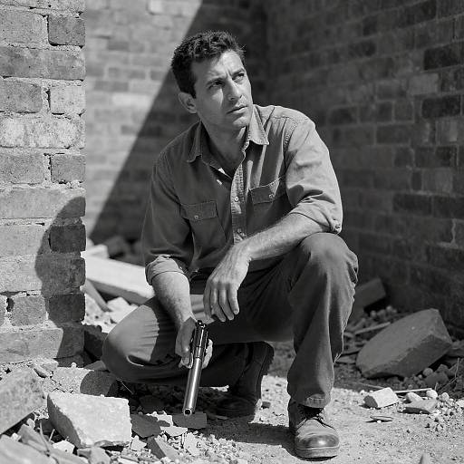 Crouching Man in Sunlit Rubble