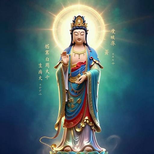 Digital illustration of a serene Buddha-like figure with a glowing halo, wearing colorful robes, golden crown, and jewelry, raising a hand, surrounded by radiant
