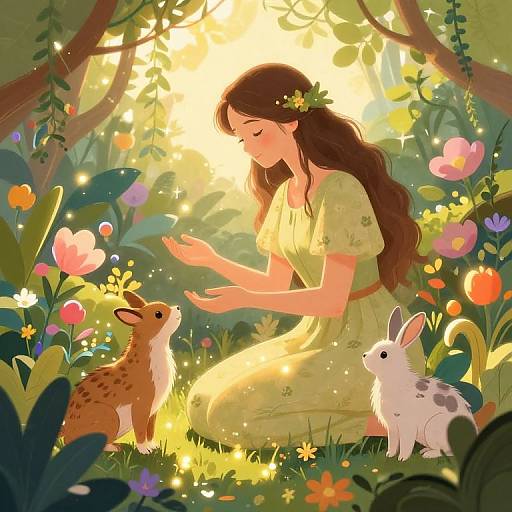 Digital anime-style illustration of a fair-skinned woman with long brown hair in a yellow dress, kneeling in a sunlit forest, gently touching a brown
