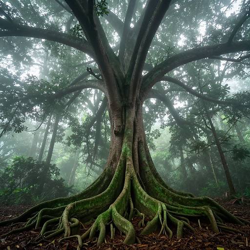 Majestic Ancient Tree in Misty Forest