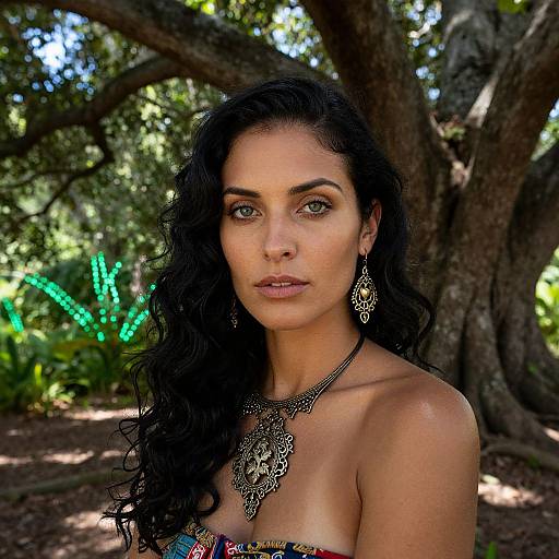 Photograph of a beautiful woman with long, curly black hair, wearing intricate silver jewelry, standing in a sunlit forest. Green foliage and tree trunk