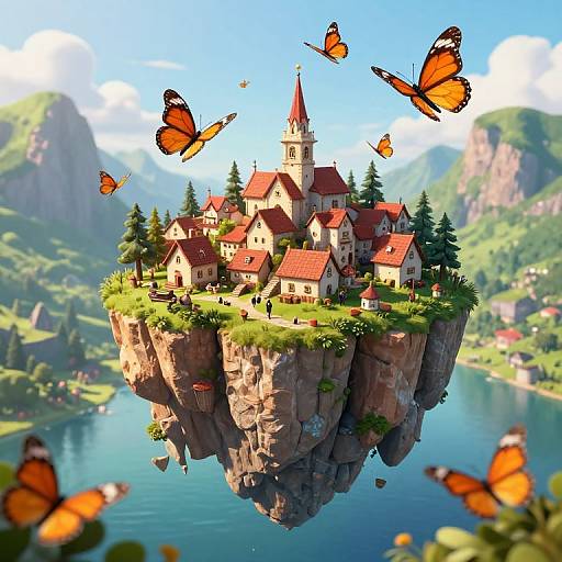 Whimsical digital artwork of a floating village with red-roofed houses, surrounded by lush greenery, towering cliffs, and vibrant orange butterflies.