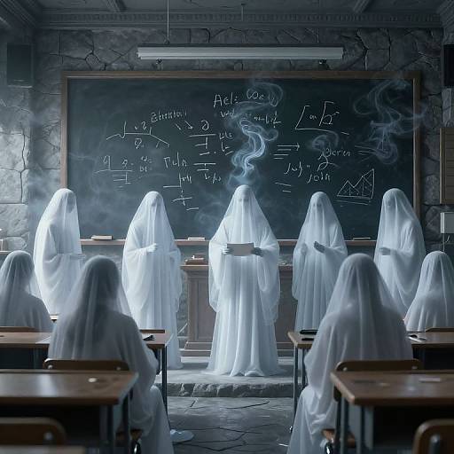 Photograph of seven ghostly figures in white sheets standing in a dimly lit classroom, facing a chalkboard filled with mathematical equations, smoke surrounding them