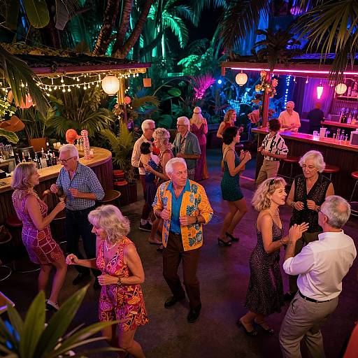 Photograph of a vibrant, neon-lit bar with elderly couples dancing. Colorful tropical decor, lush greenery, and multicolored lights create