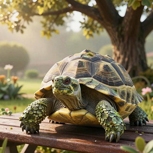 Photograph of a detailed, realistic turtle with green and yellow shell, textured skin, and small spikes, on a wooden bench in a sunlit garden