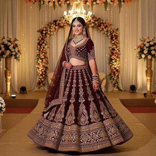 Photograph of a South Asian bride in an elaborate black and gold embroidered lehenga, veil, and jewelry, standing in a beautifully decorated wedding hall with