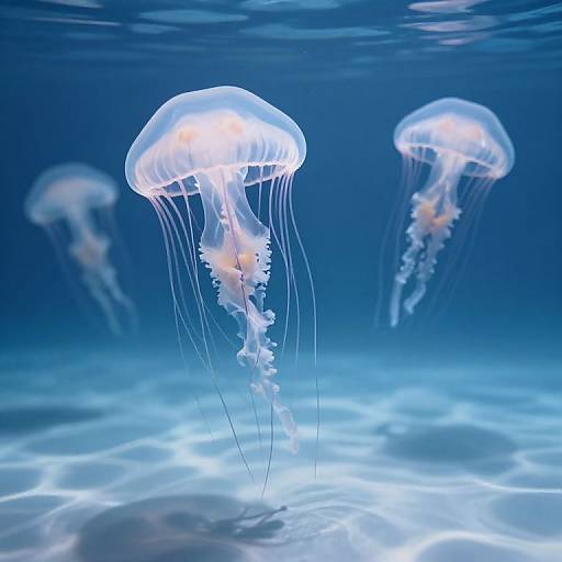 Photograph of three glowing, translucent jellyfish with long, flowing tentacles floating in a deep blue underwater scene.