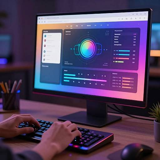 Photograph of a person's hands typing on a keyboard in front of a colorful, glowing computer screen displaying graphic design software.