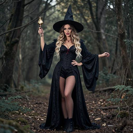 Photograph of a blonde woman in a black witch costume with long sleeves, fishnet stockings, and a pointed hat, holding a lantern in a dark