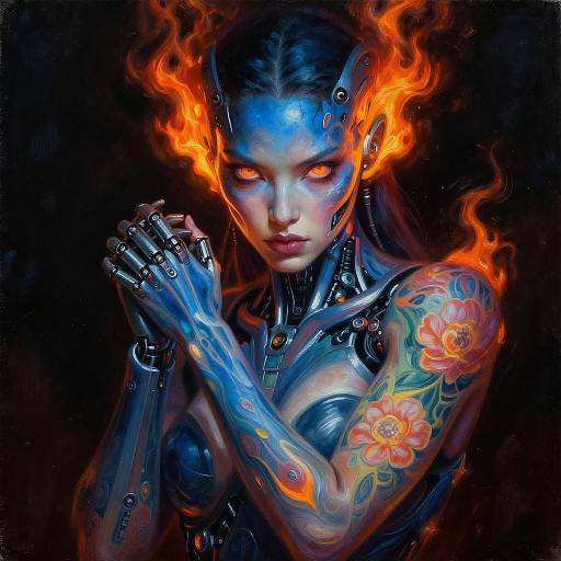 Digital art of a cybernetic woman with glowing blue skin, fiery orange eyes, mechanical arms, and vibrant floral tattoos, against a dark background.