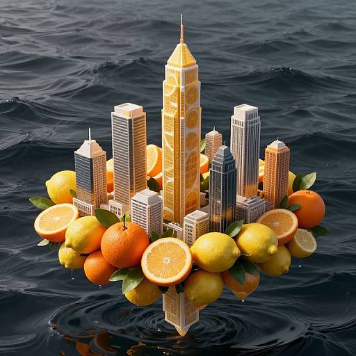 Photorealistic CGI: Cityscape of skyscrapers surrounded by lemons, oranges, and grapefruits floating on dark, rippling water.