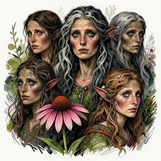 Digital painting of five elven women with long, wavy hair and pointed ears, featuring a pink daisy, green foliage, and detailed, expressive