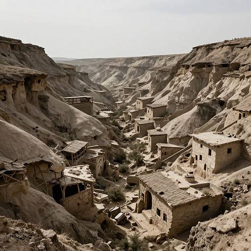 Photograph of a sunlit, rugged desert canyon village with beige, adobe-style houses scattered on steep, rocky hillsides, showcasing narrow, winding